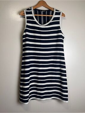 Max Studio Cotton Navy & White Braided Textured Striped Shift Dress Size L, EUC